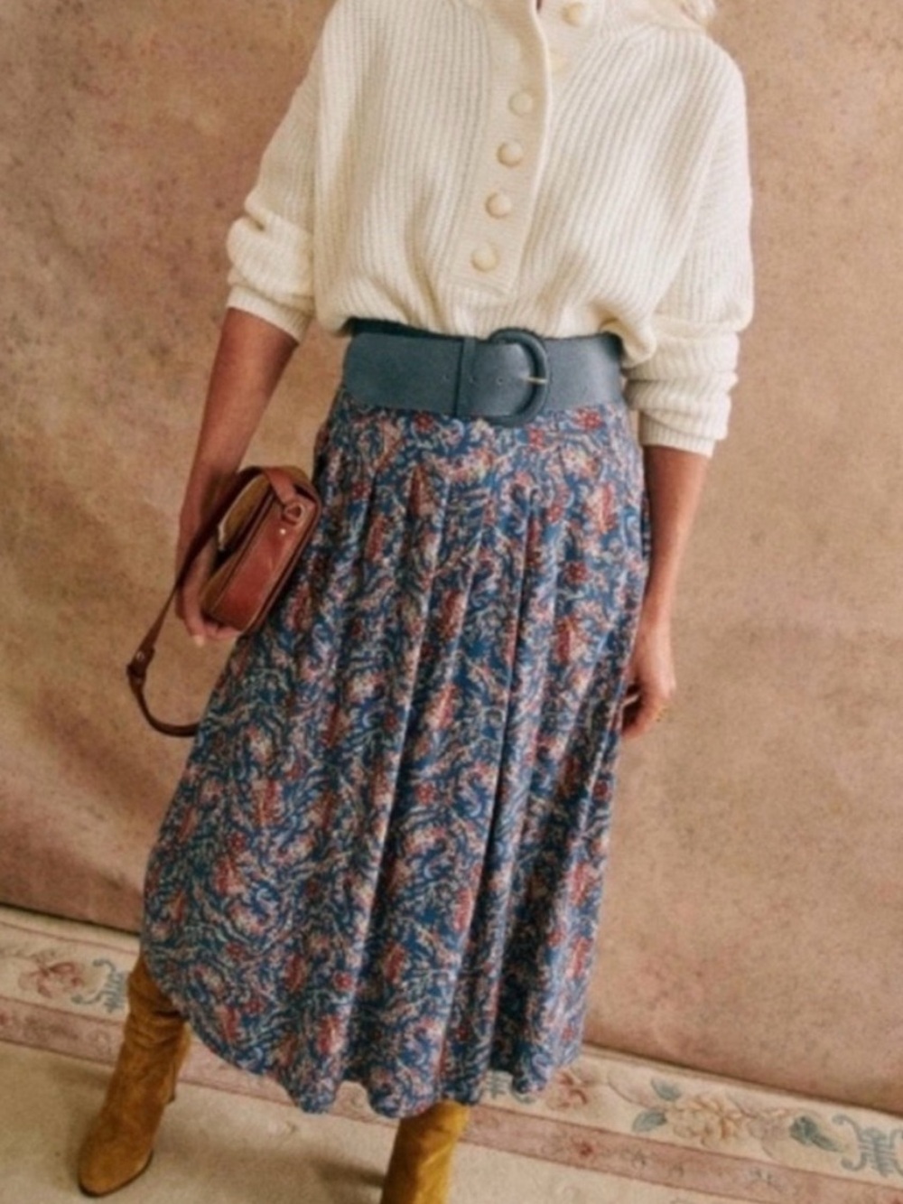 Sézane Alicia Midi Skirt in Ranch Marine Print Size FR 34 US 2